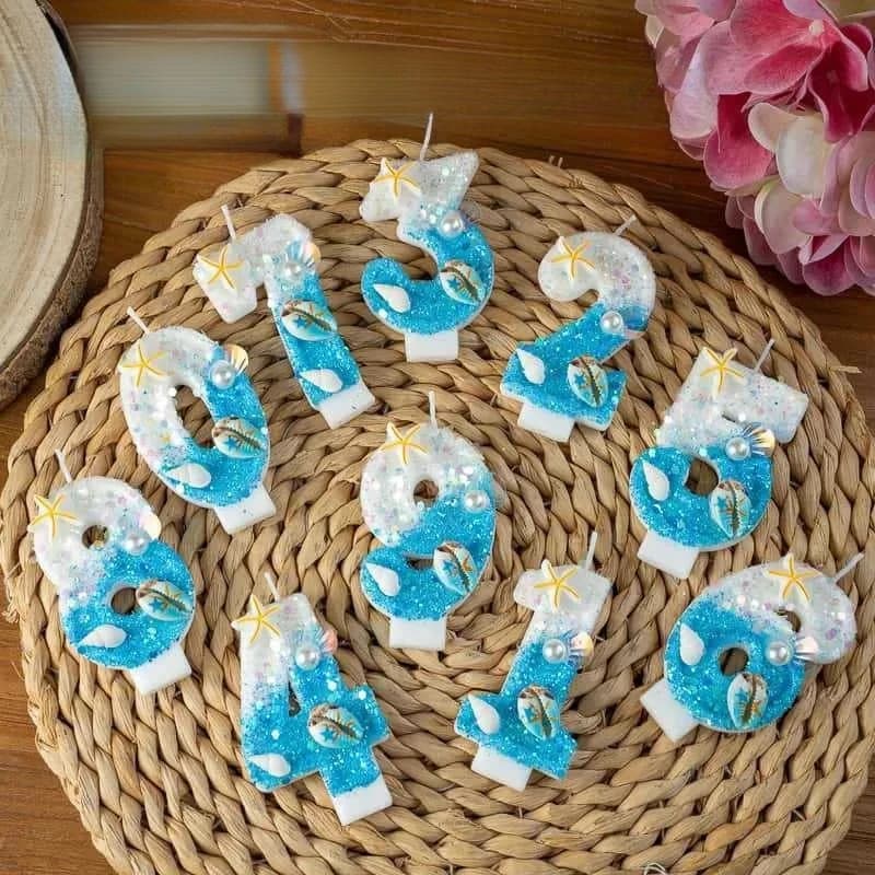 Candeline di compleanno a tema oceano blu e bianche con glitter: decorazioni per torte con conchiglie e stelle marine, candeline numeriche creative