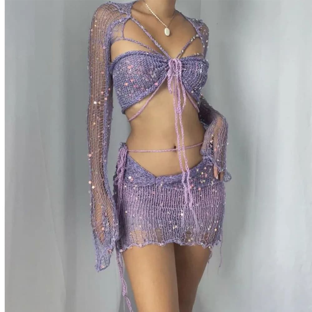 Sexy Y2k Sequin Lace Up Skirt Sets Kintting Elastic Hoodies 2025 Summer Luxury Suit Female Casual Streetwear Two Piece Short Set