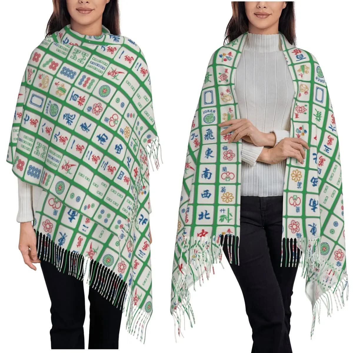 Piastrelle Mahjong su sciarpa verde Sciarpe con nappe Scialli e scialli morbidi e caldi da donna Scialle lungo autunno inverno