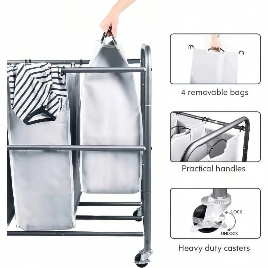 Laundry Hamper Sorter Cart: 4-Section Organizer With Heavy-Duty Lockable Wheels And Removable Bags 172L Rolling Laundry Basket