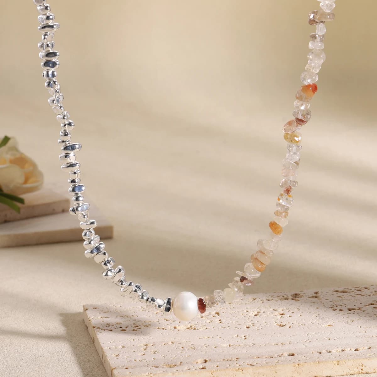 Boho Healing Crystal Gravel Chip Bead Necklace for Women Irregular Silver Pebble Asymmetric Freshwater Pearl Choker