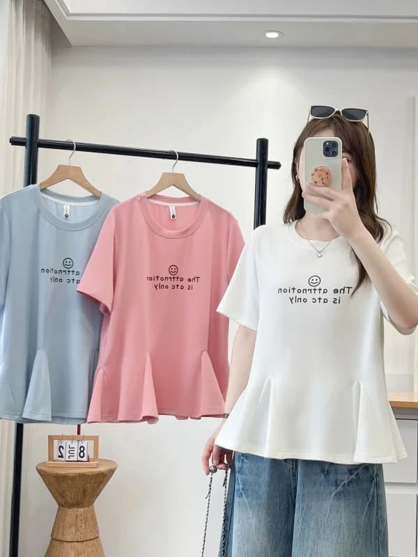 plus Size T-Shirt Women Summer Slim Fit Short Sleeve Letter Print Casual Style High Waist Design Comfortable Polyester Fiber