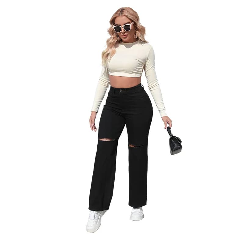Black Straight Leg Denim Jeans Women's Hole Design Versatile Loose Fit High Waist Stretchy High Quality Elegant Style Jeans