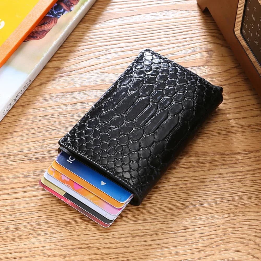 Portafogli da uomo Rfid Porta carte di credito Borse per soldi Portafogli da uomo Slim Thin Metal Pop Up Smart Portafoglio serpentino bifold nero per uomo