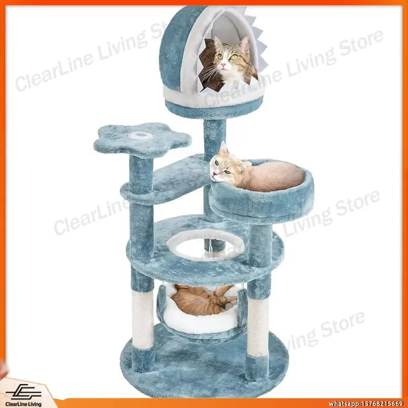 45.5 Inch Ocean Theme Cat Tree Tower with Shark Mouth Nest Sea Star Platform Plush Multi Level Scratching Post for Cats