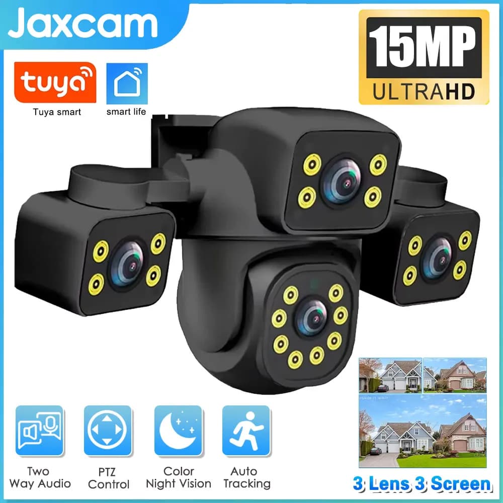 Telecamera di videosorveglianza a 3 obiettivi Telecamera da 15 MP Telecamera CCTV di rete Wifi Wireless 360 Monitor Telecamere di sicurezza esterne impermeabili App Tuya