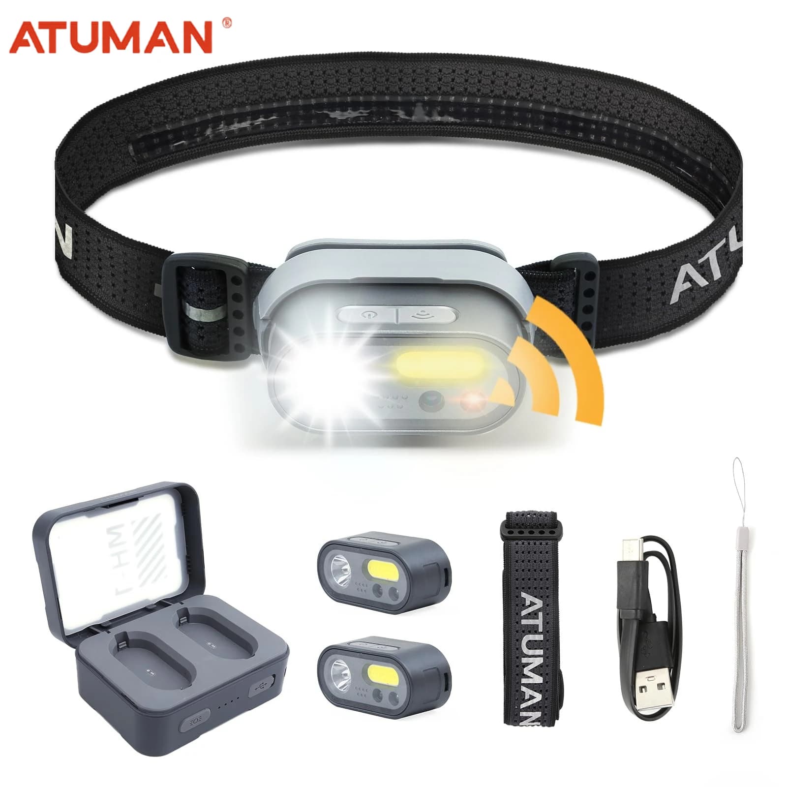 ATuMan Rechargeable LED Headlight with Motion Sensor 8 Light Modes 1200 Lumens for Hiking,Outdoor,Fishing