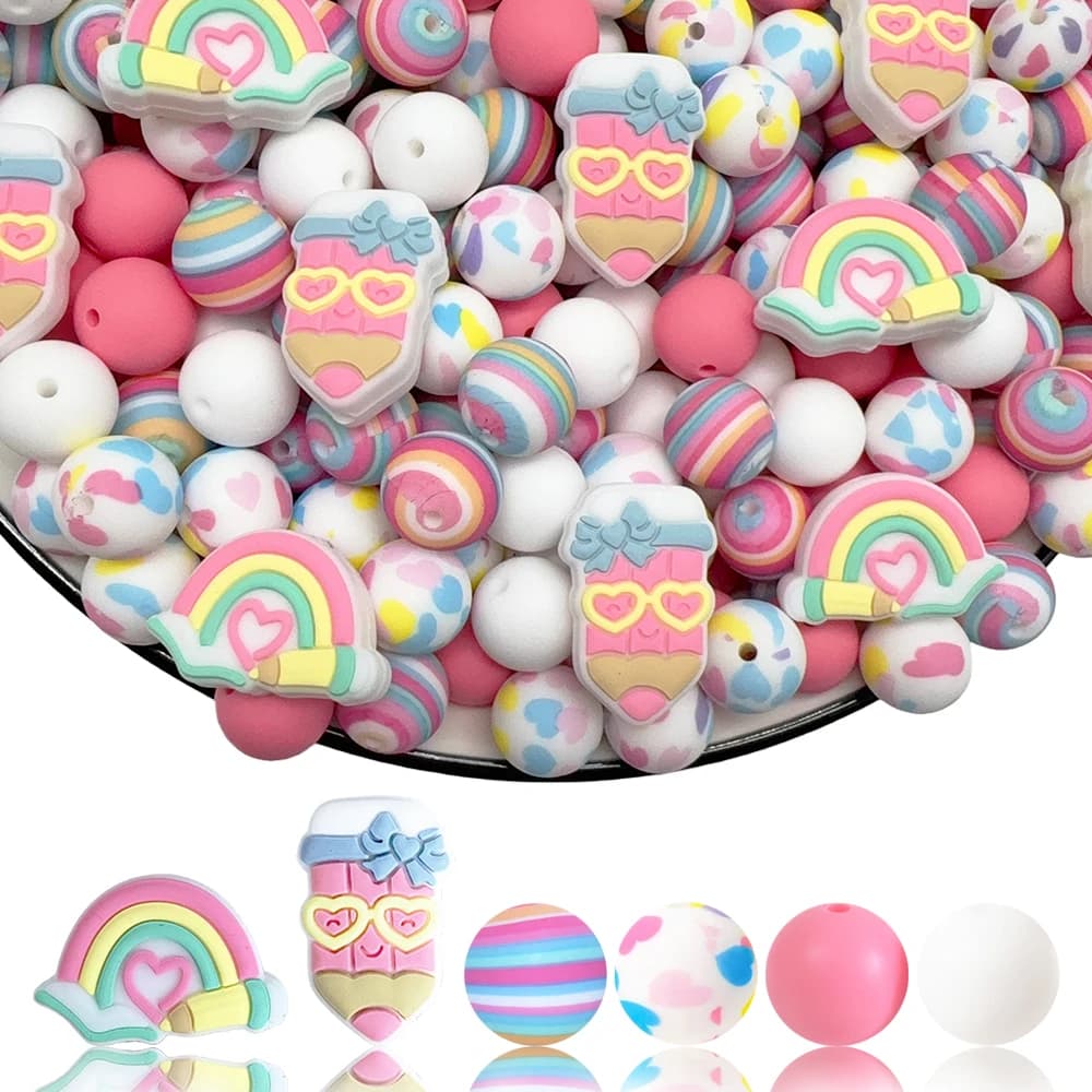 Set di perline in silicone serie matita per apprendimento 25/32 pezzi, perfetto per l'artigianato fatto a mano fai-da-te come portachiavi, collane, bracciali, ecc.