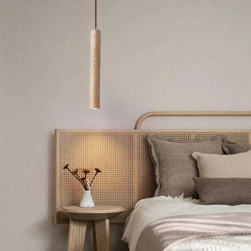 Lampada a sospensione a LED Lampada da soffitto in legno a tubo lungo Stile giapponese Vento silenzioso Camera da letto Lampadario da comodino Retro moderno illuminazione travertino