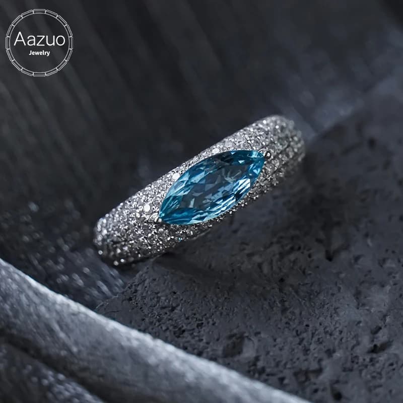 Aazuo Luxury Design Anelli Occhio del Diavolo in oro bianco 18 carati con acquamarina naturale e diamanti veri per ragazze e donne, ideali per banchetti e feste di lusso