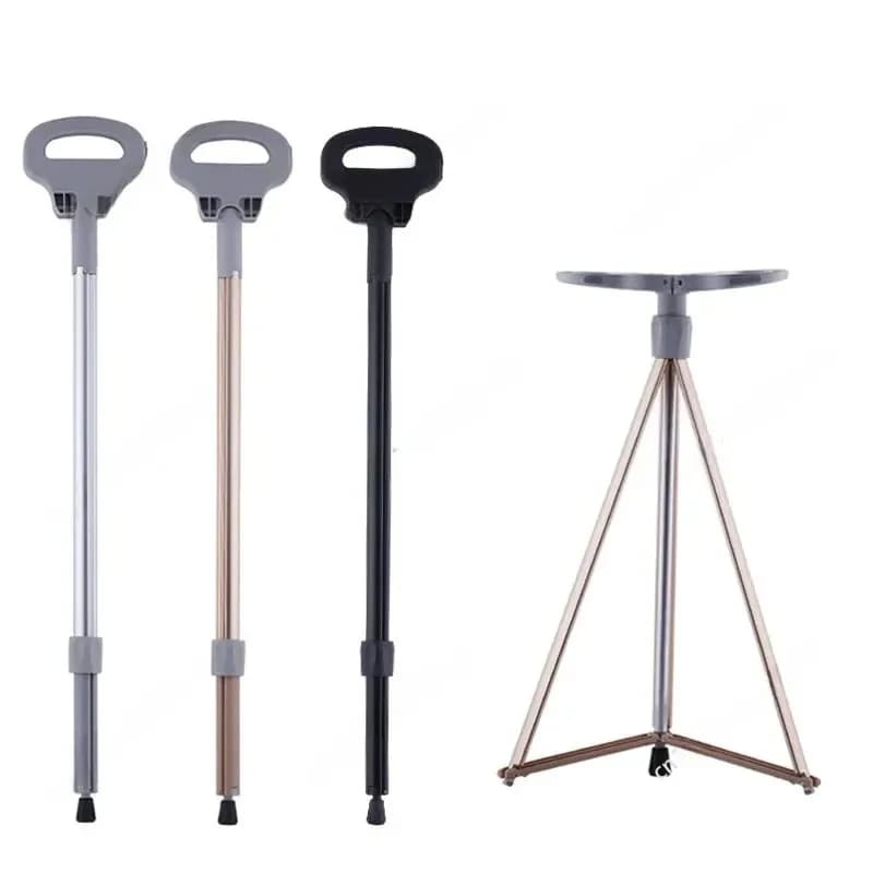 Practical chairs for sticks, crutch, folding stool in barrel and trekking poles, walking sticks with chair
