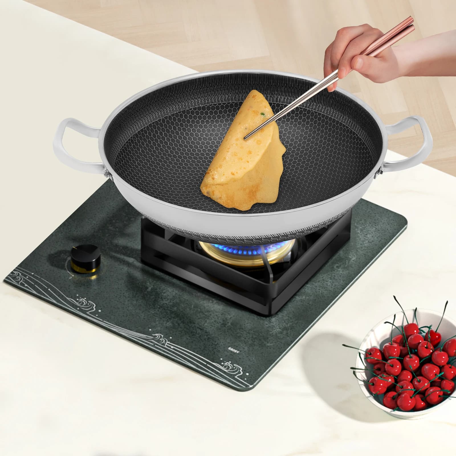 36cm Stainless Steel Plate with 2 Manici/Coperchio, Anti-agent for Eggs and Pancake, Kitchen Tools