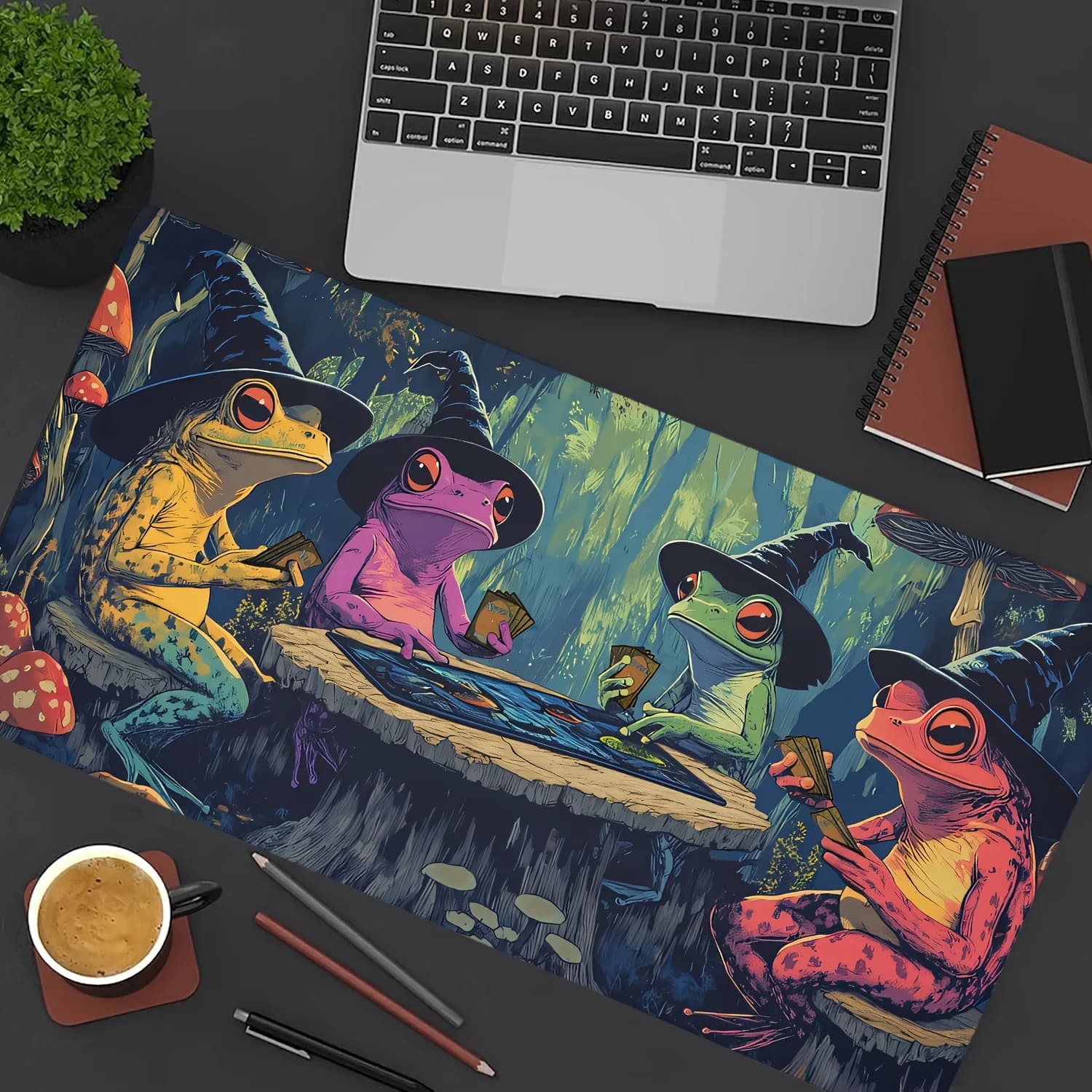 Tappetino da scrivania per gaming Frog Wizard Raccoon Cartoon, tappetino per mouse antiscivolo, tema magico, tappetino da gioco anime, accessori da scrivania per casa, ufficio, gamer