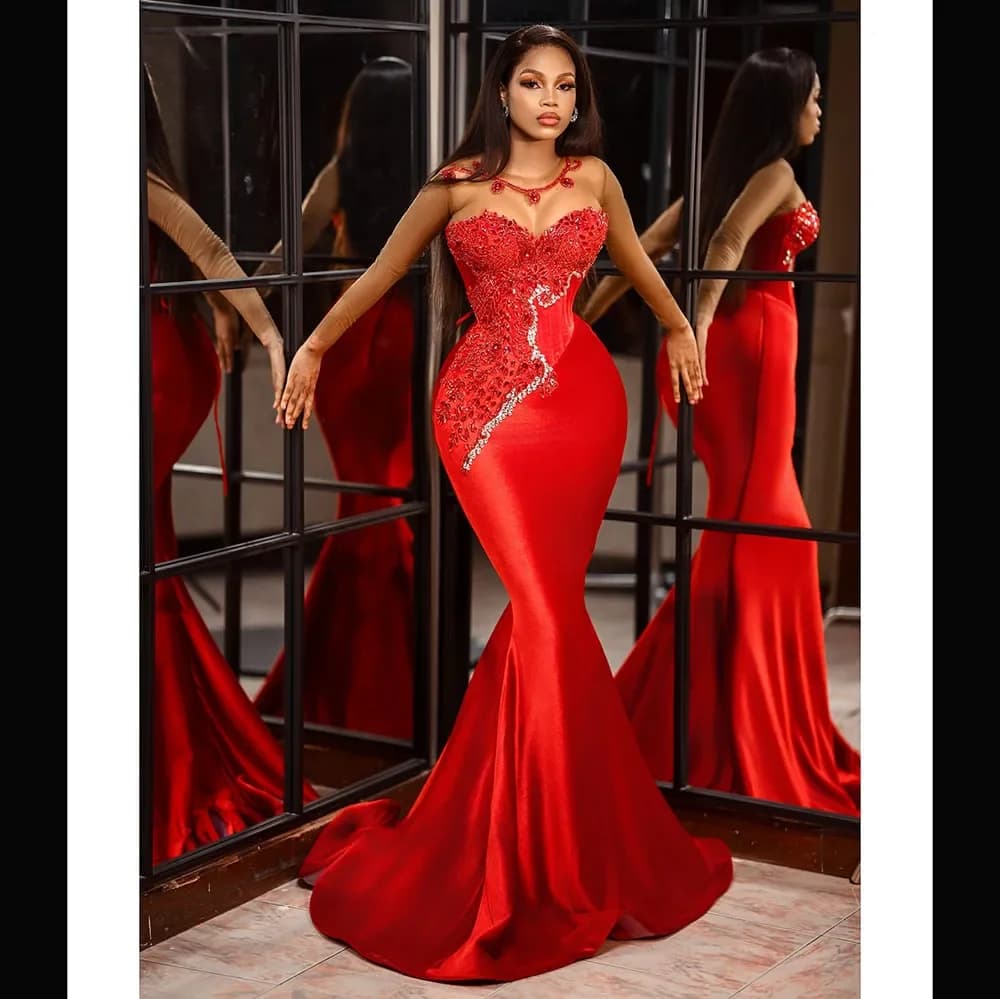 Personalizzato 2026 Nuovo elegante abito da ballo rosso sexy a sirena con paillettes in rilievo Abito da festa sexy slim fit a maniche lunghe trasparente