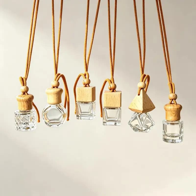 1PC Hanging Empty Car Diffuser Bottles With Natural Wooden Lids Clear Glass For Car Interior Decor DIY Aromatherapy Use.