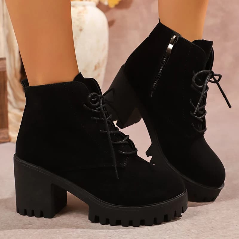 Fashion Chunky Heeled Ankle Boots for Women 2025 Autumn Winter Black Platform Booties Woman Zip Lace Up High Heels Short Boots
