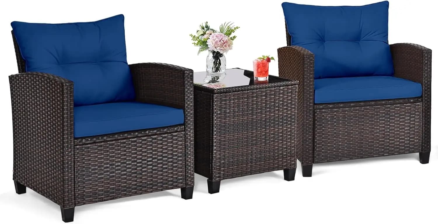 Navy blue rattan wicker 3-piece outdoor bistro set with cushioned rattan chairs and glass coffee table, weatherproof furniture for front porch, balcony, garden, deck and poolside