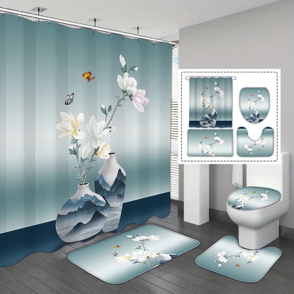 Set di 4 pezzi di nuova tenda da doccia impermeabile in vaso in stile cinese con 12 ganci, tenda stampata impermeabile, tappetino da bagno