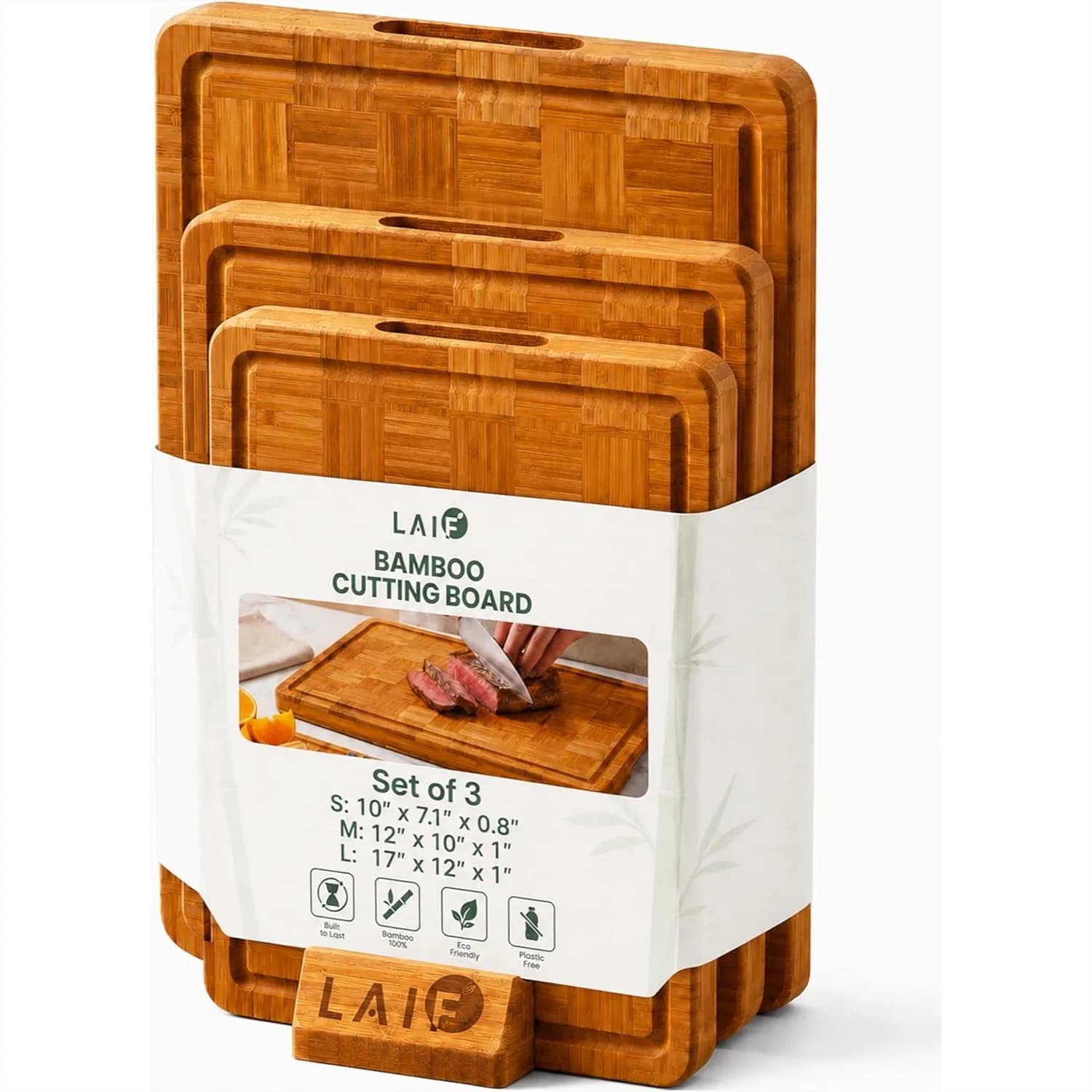 Bamboo Cutting Boards for Kitchen with Juice Groove, 3-Piece Set for Meat, Veggies, Fruits, Carbonized Butcher Block