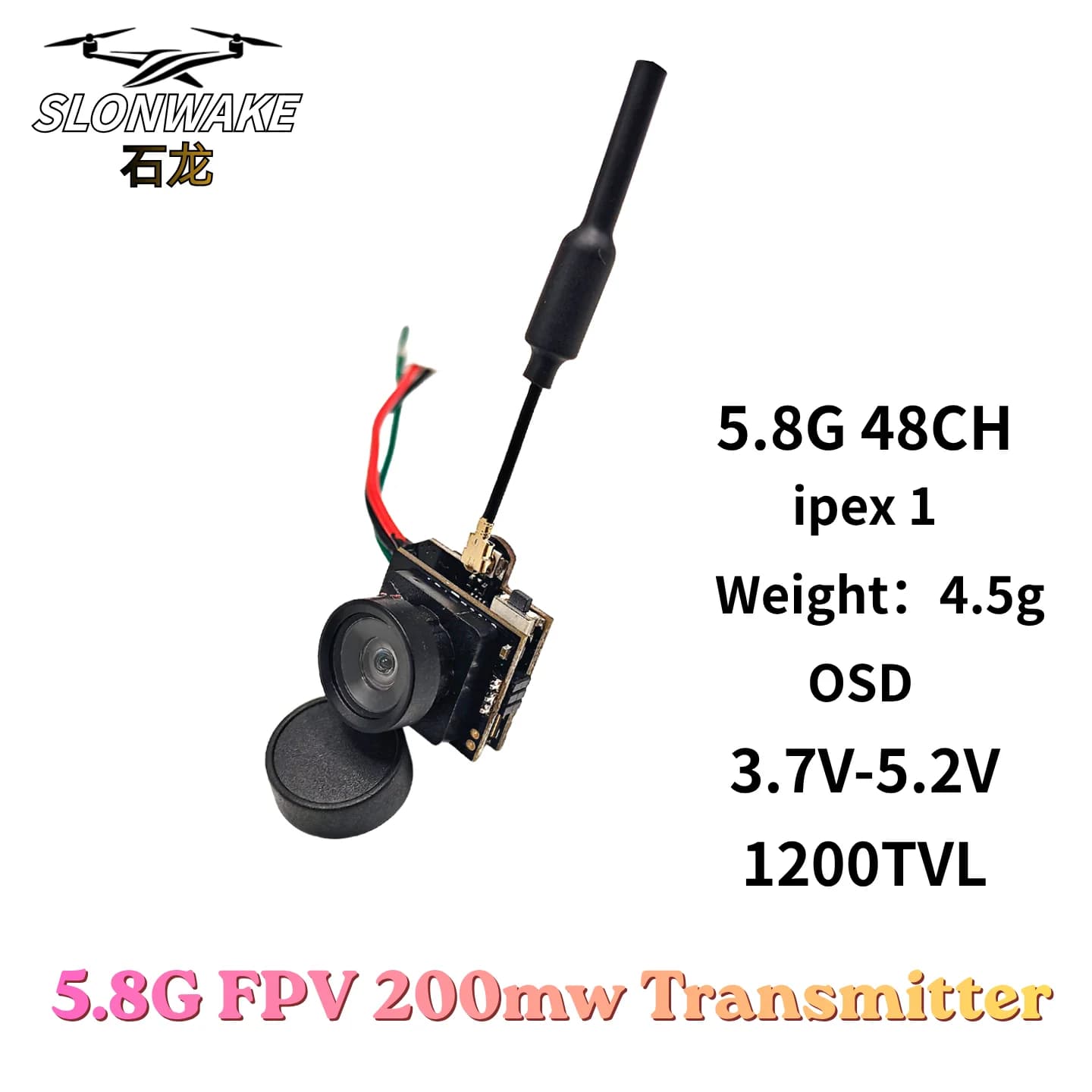 Slonwake 5.8G 48CH 200mW FPV DC3.7v-5v VTX e 1200TVL 120 ° Telecamera grandangolare all-in-one con inversione dell'immagine PAL per OSD drone