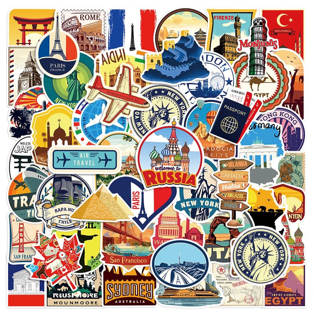 10/30/50 pezzi retrò mondo viaggio città paesaggio adesivi cartoni animati estetica impermeabile fai da te telefono notebook cartone animato graffiti decalcomanie