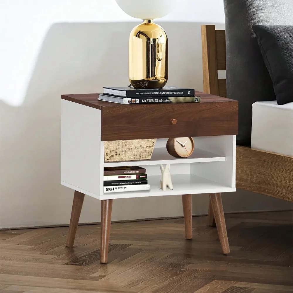 Comodino con Cassetto e Ripiano, Stile Mid-Century, Gambe in Legno di Gomma