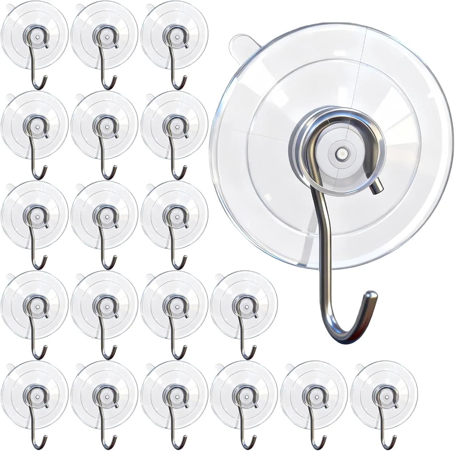 Suction Cup Hooks 20 Pack Clear Stainless Steel 12LB for Shower Kitchen Bathroom Glass Smooth Surfaces