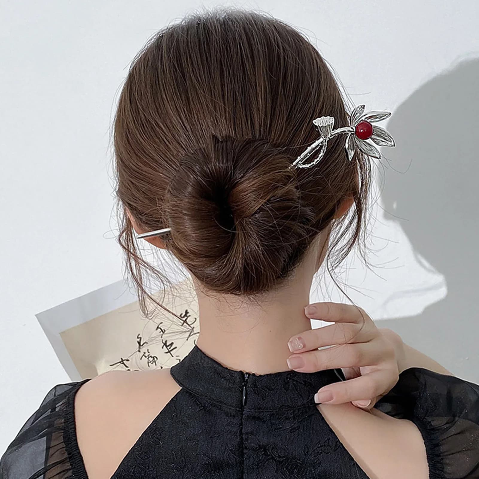 Elegante forcina a fiore in stile cinese, in metallo, a forma di loto, per acconciature a coda di cavallo e chignon, accessori per capelli alla moda per ragazze