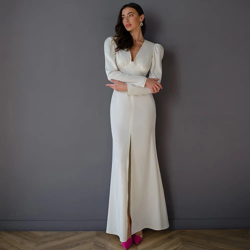 Simple Wedding Guest Dresses Satin Mermaid/Trumpet Wedding Party Dresses Ivory V-neck Pleat Split Wedding Dresses Women Maxi