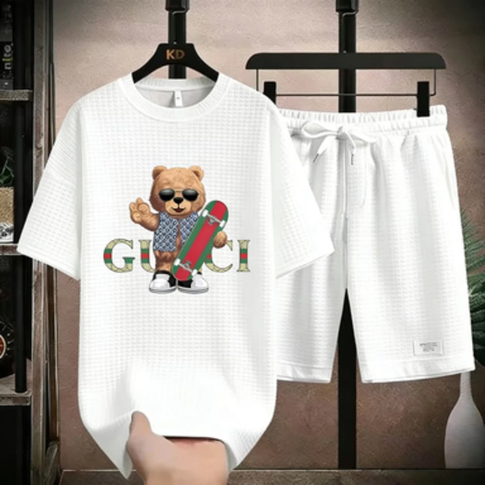 Completo da Uomo di Lusso Stile GG con Stampa Fulmine 2026, Set T-shirt in Maglia Waffle + Pantaloncini, Tuta Casual Ispirata ai Designer