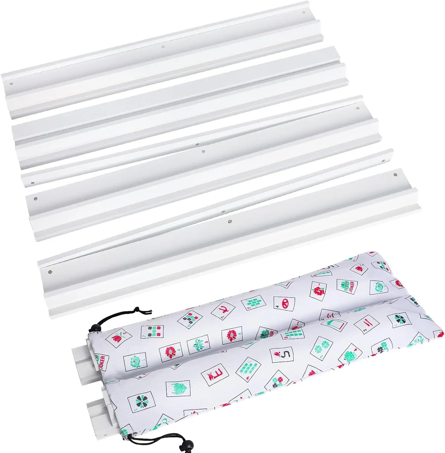 Supporti per Mahjong in Legno Bianco con Spintori, Set da 4, Include Sacchetto con Coulisse per Conservazione Tessere (50 cm)