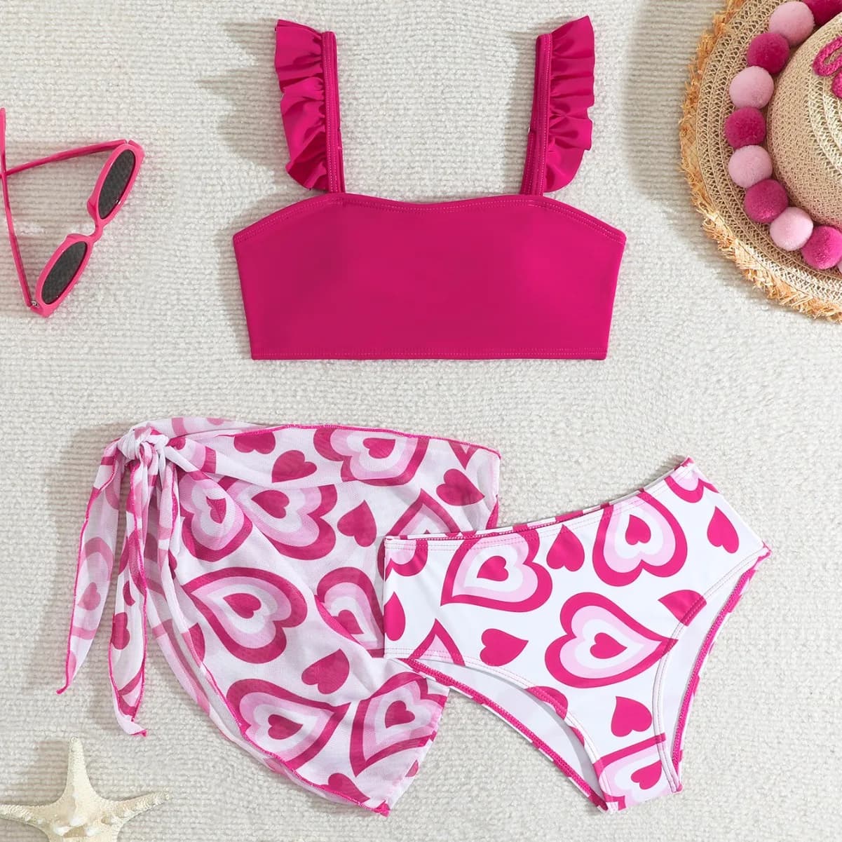Girls 3pack Heart Print Fascia Bikini High Waist Swimwear Children's Swimwear Volant 7-12 Years Swimwear for Kids 2024 Teenage Swimwear