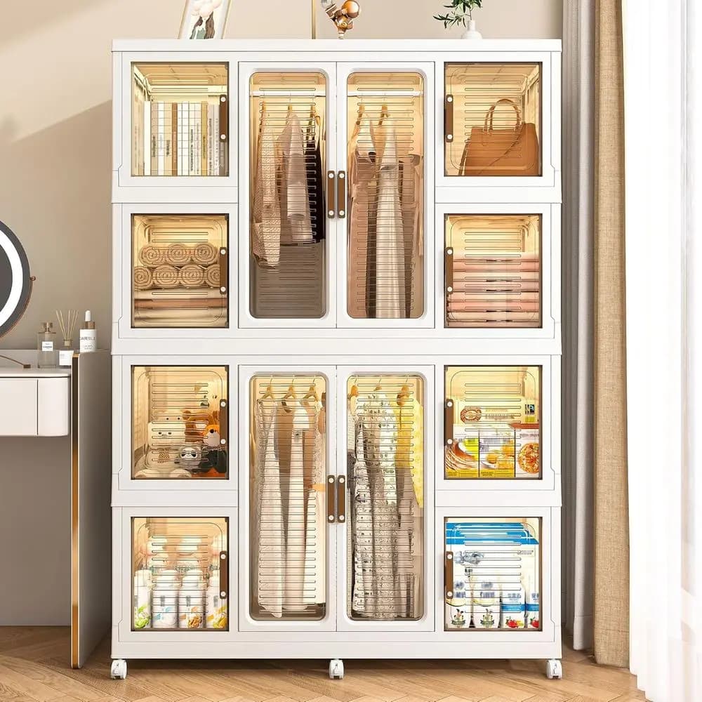 Organizzatore Armadio Portatile a 12 Cubi con 2 Aste Appendiabiti e 16 Ganci per Vestiti e Oggetti per Bambini