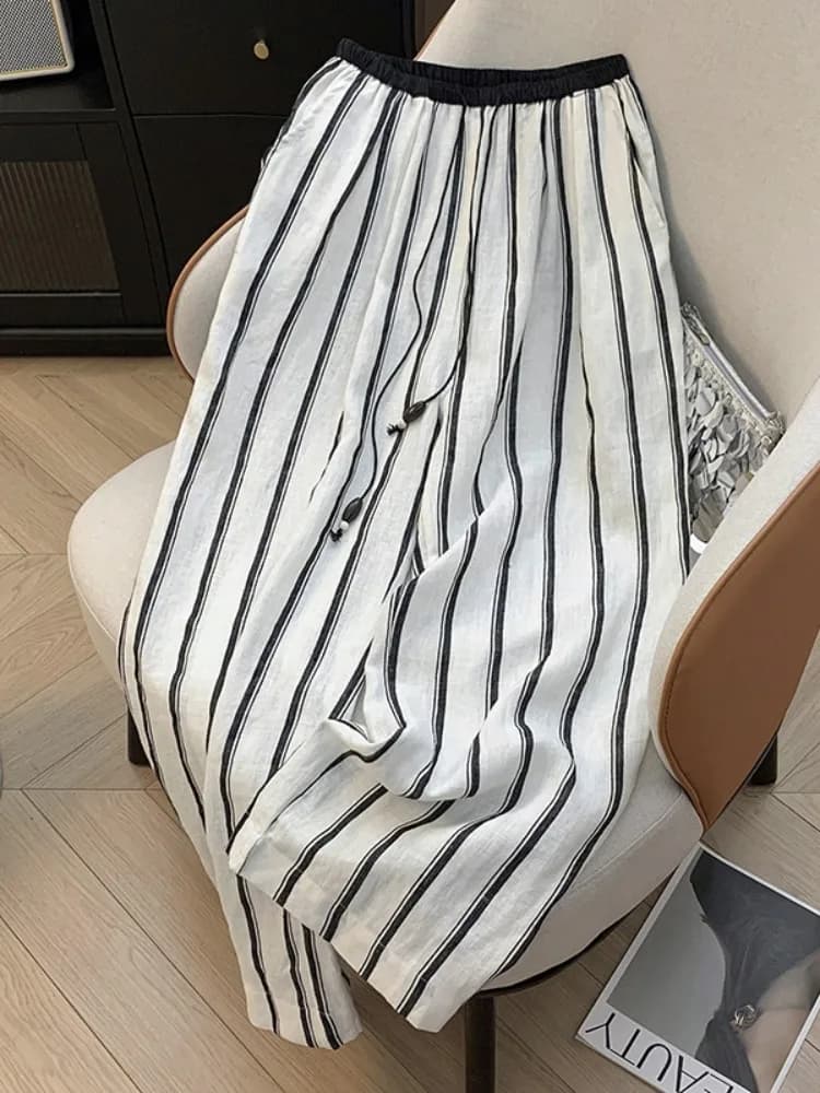 Pantaloni Larghi in Lino a Righe Stile Coreano Unici e Belli da Donna, Estivi, con Cintura, Vita Alta, Gamba Dritta, in Cotone e Lino, Casual