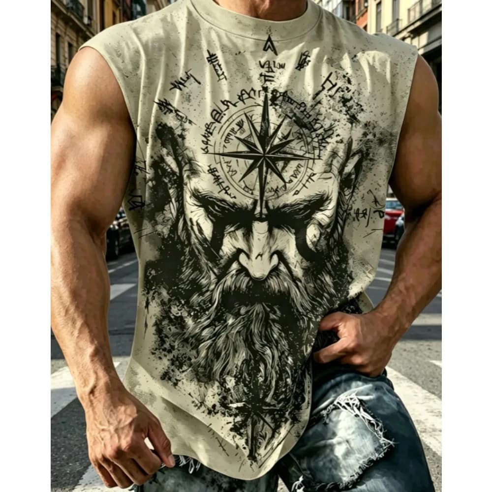 Men's Tank Top Norse Mythology Compass Runes Print Sleeveless T-Shirt Vintage Gym Muscle Tee Summer Casual Streetwear Vest