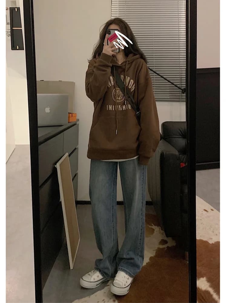 Oversize Hoodie Women's plus Size Brown American Vibe Spring Autumn New Style Trendy Top Cotton Polyester Long Sleeve