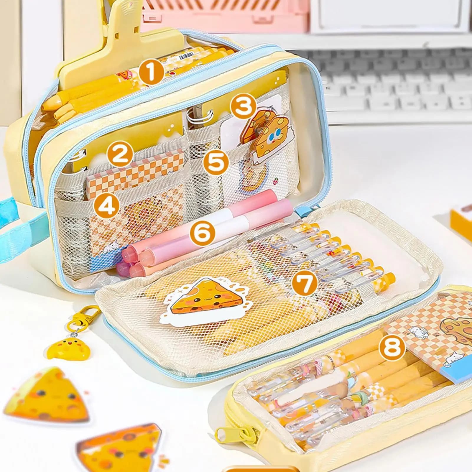 Pencil Pouch With Supplies Cute Cheese Large Capacity Stationery 30 Pieces Kids School Supplies Set For Home After-Class