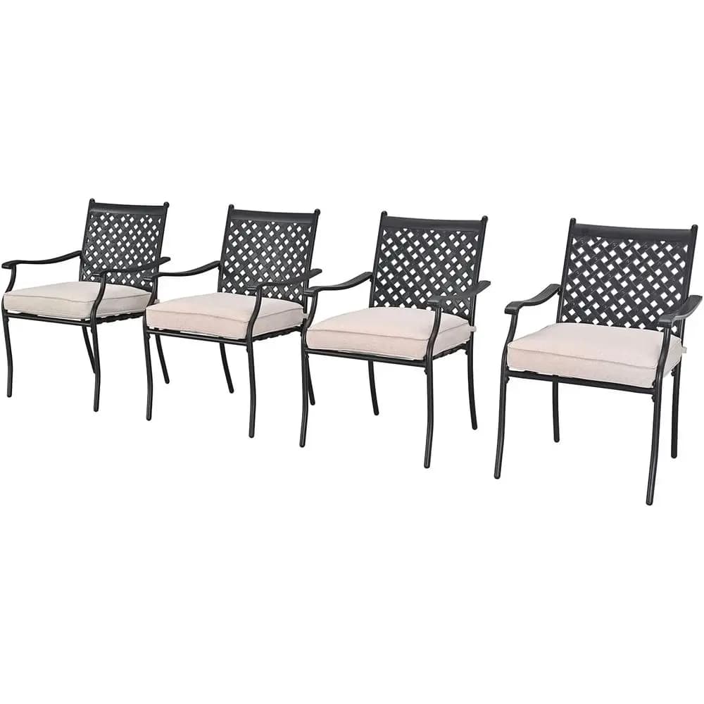 Garden furniture set for outdoors in 4 pieces: wrought iron dining chairs with garden cushions, balcony, swimming pool area (Beige)