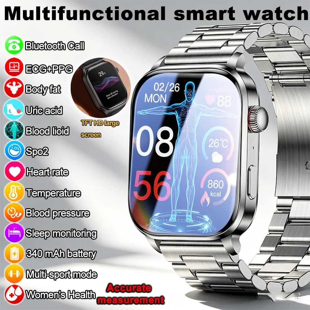 Nuovo Smartwatch 2026 con Schermo Grande da 2.0 Pollici, Chiamate BT, Monitoraggio Completo della Salute HRV ECG, Temperatura Corporea, Pressione Sanguigna, Ossigeno nel Sangue