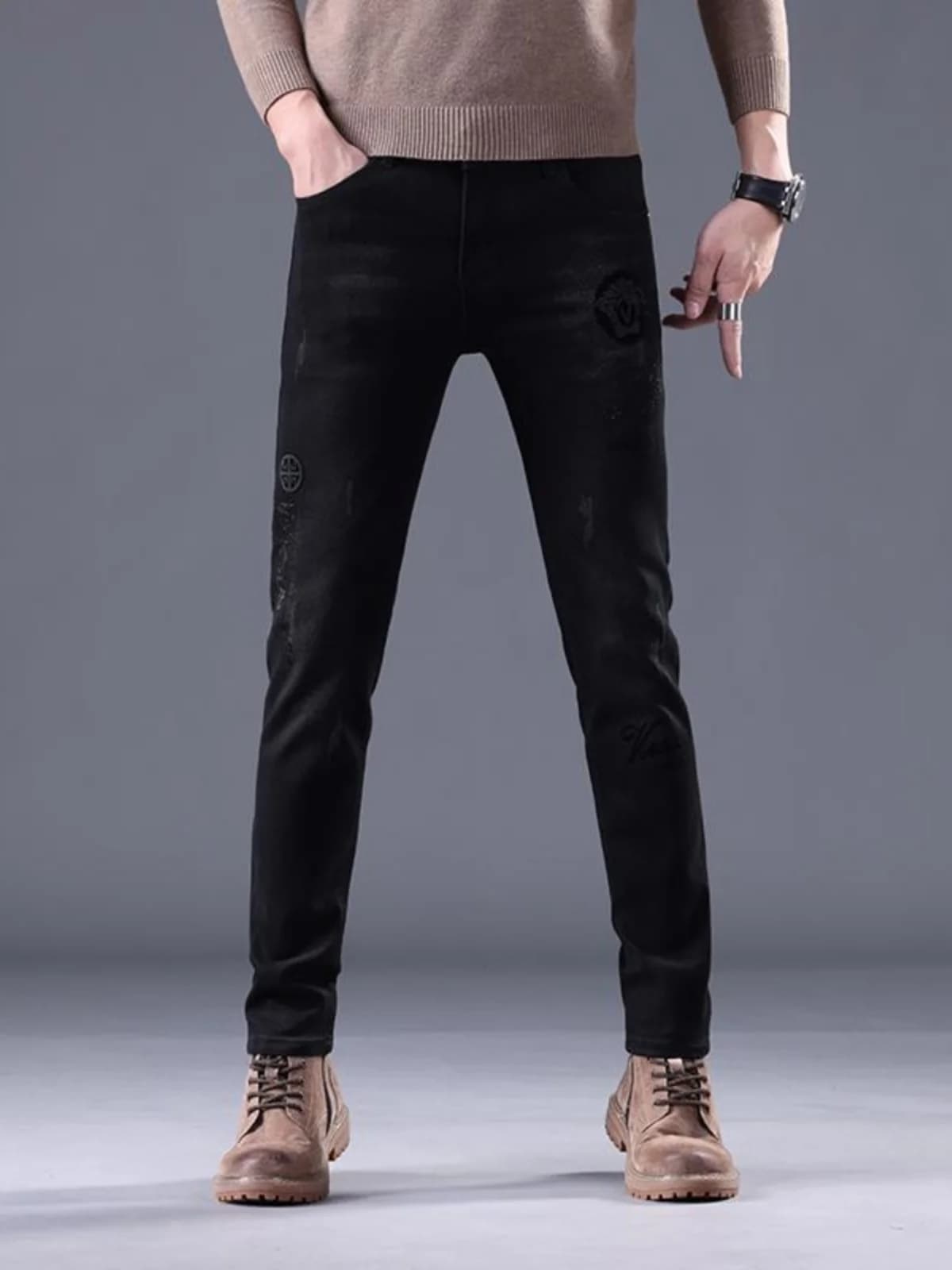 Jeans slim fit da uomo di alta gamma, casual, in denim elasticizzato di cotone, stampati e ricamati, stile urbano alla moda, per la primavera e l'autunno.