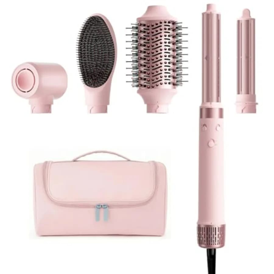 Spazzola Asciugacapelli a Doppia Tensione per Viaggi, in Plastica ABS Rosa Pesca, Styler ad Aria Calda 5-in-1 con Arricciacapelli Automatici, Asciugatura Rapida