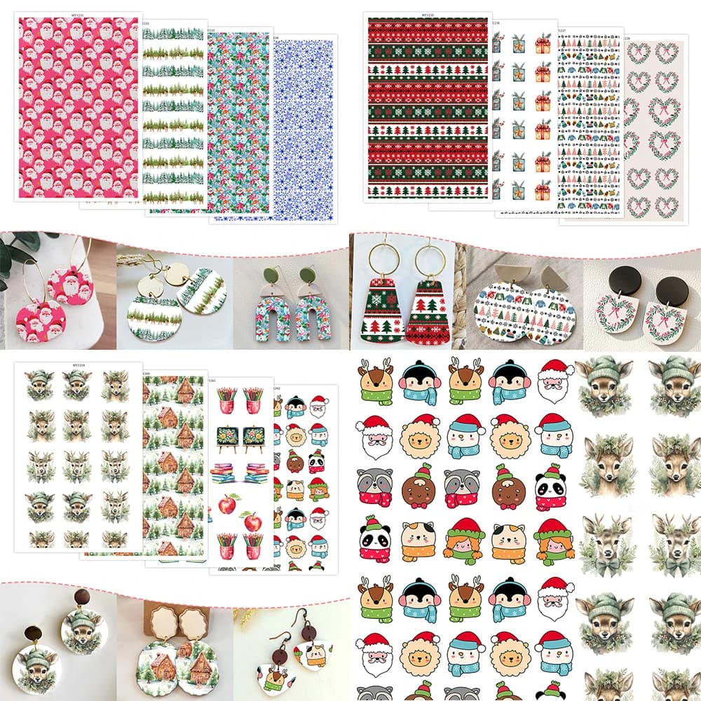1Sheet Polymer Clay Transfer Paper Christmas Tree Santa Claus Elf Mixed Border Ornament Self-adhesive Stickers for Earring Decal