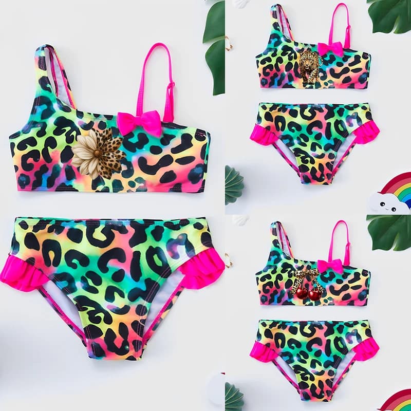 Costume da bagno da ragazza con motivo Ciliegia, Leopardo, Floreale e Cuore, Estivo, da Spiaggia e Piscina, Bikini a Due Pezzi con Fiocco