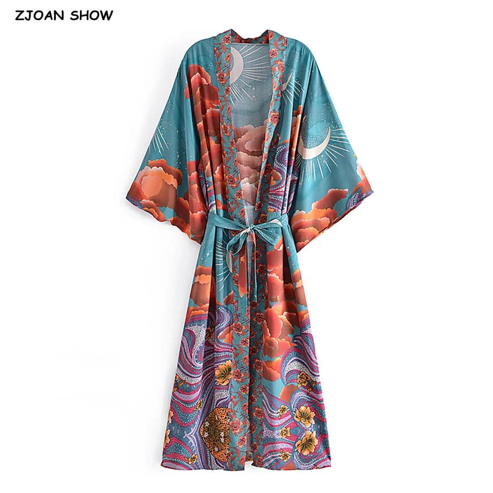 Holiday Women Green Space Moon Flower Print Kimono Shirt BOHO Beach Tide Bow telai Maxi Long Cardigan camicetta Beach Tops