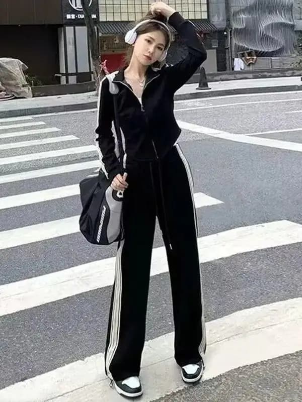 Cool Sporty Style Women's Two-Piece Set Black Long Sleeve Zipper Jacket Wide Leg Pants Spring Autumn Casual Sportswear