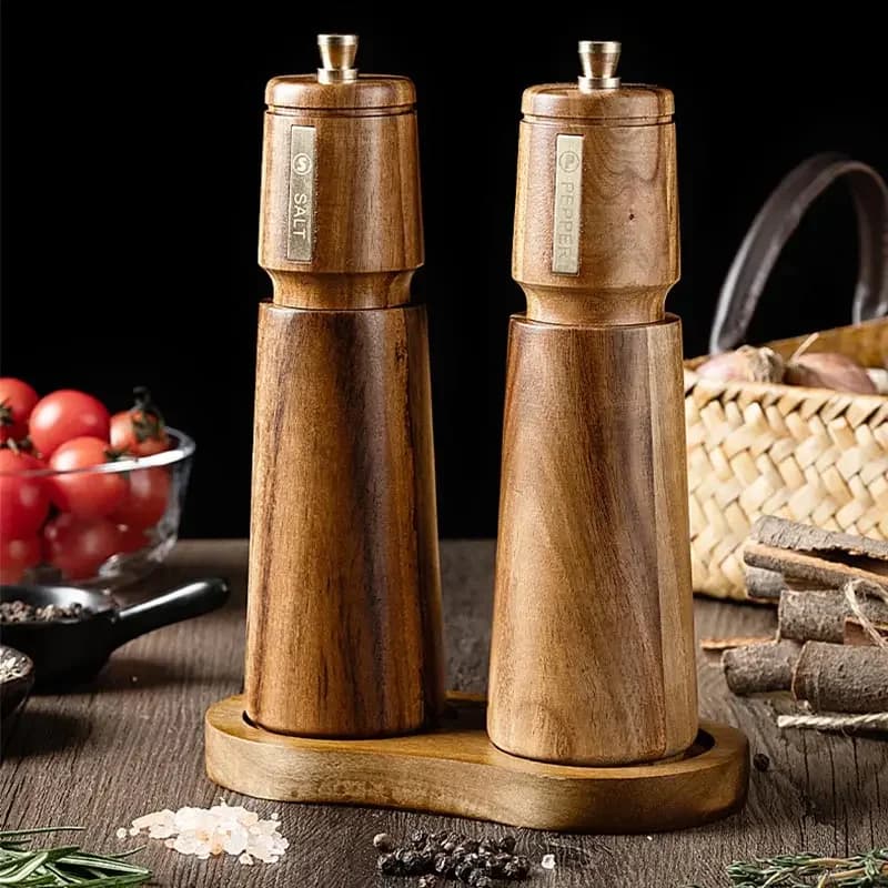 Acacia Solid Wood Pepper Mill Set,Spice Shaker Pepper Grinder Manual Black Pepper Powder Sea Salt Grinding Bottle With Base Set
