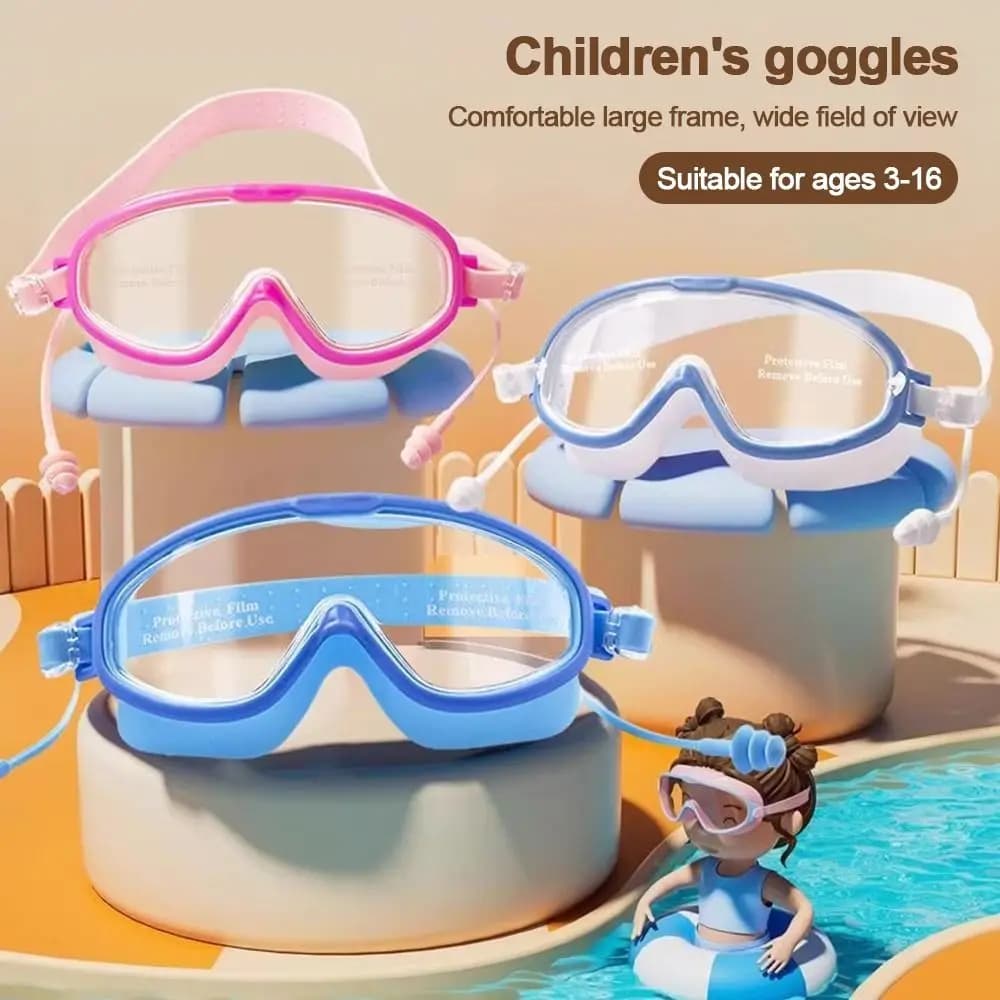 Swimwear for children with large frame with ear plugs Waterproof sub-snatching glasses High definition swimming glasses with wide view