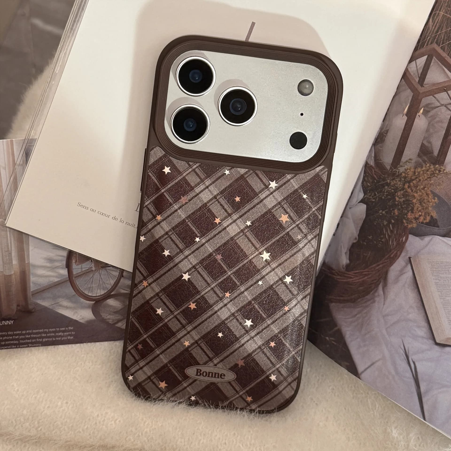 Phone case with square Korean geometric pattern with leather stars for iPhone 17 16 15 14 13 12 11 Pro Max Shock Cover