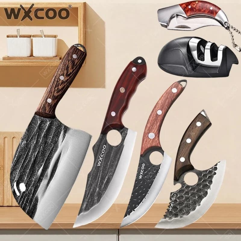 Coltello da Macellaio WXCOO in Acciaio Inossidabile, Lama da Cucina per Affettare Frutta, Coltello Multiuso con Manico in Legno, Apribottiglie Forgiato