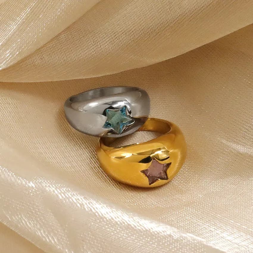 Anello a cupola spessa rosa con cristalli per donna, anello largo e massiccio con stella e zirconi CZ, gioielli di design estetico per la sposa, accessori.